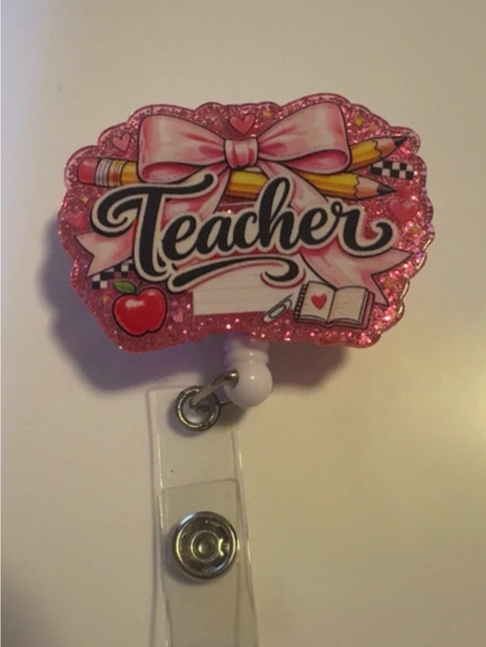 Pink 'Teacher' Glitter Badge Reel – Retractable ID Holder